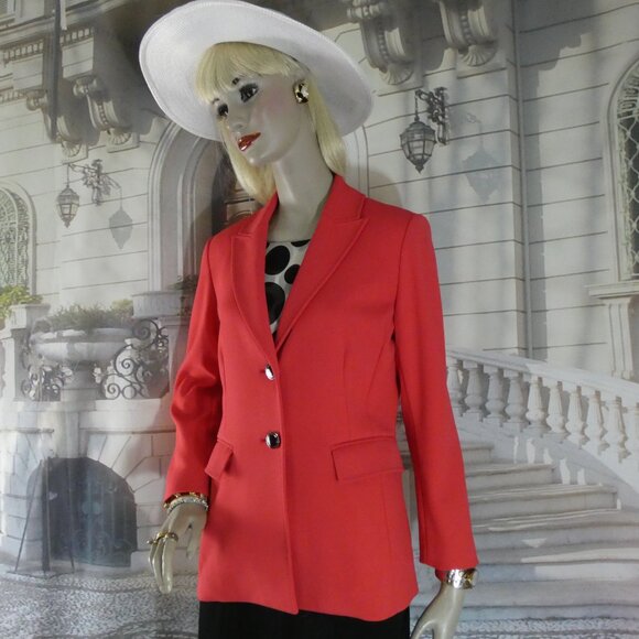 St. John 2-Pc Set Suit Sz 8 Coral Jacket Silver & Black Enamel Buttons Black Skt - Picture 7 of 10